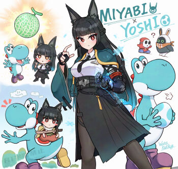  1girl aged_down animal_ears baby bangboo_(zenless_zone_zero) black_hair black_necktie black_pantyhose black_skirt braid character_name commentary_request crossover egg food fox_ears fruit highres holding holding_egg hoshimi_miyabi long_hair looking_at_viewer mario_(series) melon necktie nintendo pantyhose red_eyes shirt shy_guy skirt super_mario_world_2:_yoshi's_island sword very_long_hair wakaba_(wata_ridley) weapon white_shirt yoshi zenless_zone_zero 