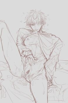 1cuntboy cum cuntboy gojou_satoru jujutsu_kaisen looking_at_viewer nipples one_eye_closed pussy short_hair yagwannasleep