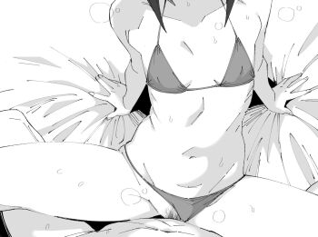  1boy 1girl arms_behind_back bikini bikini_bottom_aside breasts clothing_aside collarbone commentary_request female_pubic_hair greyscale groin halterneck head_out_of_frame henyaan_(oreizm) hetero kuroki_tomoko leaning_back monochrome navel necktie on_bed pov pubic_hair sex simple_background sitting small_breasts solo_focus stomach sweat swimsuit thighs vaginal watashi_ga_motenai_no_wa_dou_kangaetemo_omaera_ga_warui! white_background 