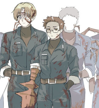 2others 3boys amputee arthropod_limbs bandage_on_face bandage_over_one_eye bandaged_head bandages belt belt_buckle black-framed_eyewear black-framed_glasses black_belt black_gloves black_shirt blonde_hair blood blood_on_arm blood_on_clothes blood_on_face blood_splatter blood_stain blue_jacket blue_pants breast_pocket brown_hair buckle closed_mouth collared_jacket cowboy_shot expressionless eyepatch faceless faceless_male facial_hair feet_out_of_frame from_front glasses gloves gregor_(project_moon) grey_eyes grey_hair guro hair_between_eyes half-closed_eyes hand_in_pocket highres jacket jitome kikkoinu limbus_company long_sleeves looking_at_viewer male_focus military military_uniform multiple_boys multiple_others one_eye_covered out_of_frame pants parted_bangs pocket ponytail profile project_moon reaching red_background red_sky sanpaku semi-rimless_eyewear shaded_face shirt short_hair simple_background sky sleeves_rolled_up smile solo solo_focus spiked_hair spikes standing stubble turtleneck turtleneck_shirt two-sided_fabric under-rim_eyewear undershirt very_short_hair white_background yellow_eyes
