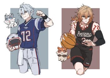  2boys alternate_costume animal_ears animal_nose antenna_hair arm_up ball bare_shoulders basketball_(object) basketball_uniform black_arm_warmers black_shorts black_tank_top blonde_hair blue_eyes blue_ribbon blue_shirt body_markings border braid brown_background chimera_(honkai:_star_rail) clenched_hand closed_mouth clothes_writing commentary cowboy_shot gradient_hair grey_background grey_fur grey_hair hair_between_eyes hair_ornament helmet highres holding holding_ball holding_unworn_helmet honkai:_star_rail honkai_(series) horns looking_at_viewer male_focus multicolored_hair multiple_boys muscular muscular_male mydei_(fig_stew)_(honkai:_star_rail) mydei_(honkai:_star_rail) number_print open_mouth orange_fur outside_border pants papajay_(jennygin2) phainon_(honkai:_star_rail) phainon_(vigethos)_(honkai:_star_rail) red_eyes red_hair ribbon rugby_uniform running shirt short_hair short_sleeves shorts simple_background single_braid smile sportswear standing sweat symbol-only_commentary t-shirt tail tank_top teeth towel two-tone_fur unworn_headwear unworn_helmet v-shaped_eyebrows white_border white_fur white_pants wristband yellow_eyes 