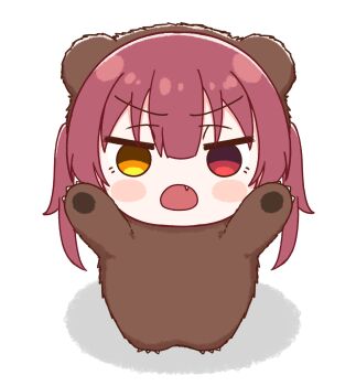  1girl absurdres animal_costume bear_costume chibi commentary_request fang heterochromia highres hololive houshou_kumarine houshou_marine long_hair looking_at_viewer official_alternate_costume open_mouth red_eyes red_hair solo virtual_youtuber yellow_eyes zakitaku8311 
