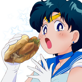  bishoujo_senshi_sailor_moon blue_bow blue_bowtie blue_choker blue_eyes blue_hair blue_sailor_collar bow bowtie bread choker circlet earrings elbow_gloves food gloves highres jewelry lettuce looking_at_viewer meme mizuno_ami mos_burger parted_bangs que415 sailor_collar sailor_mercury sailor_mercury_eating_a_burger_(meme) sandwich short_hair stud_earrings sweet_potato white_gloves 