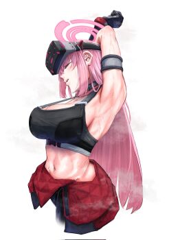  1girl arm_strap arm_up armpits black_gloves black_sports_bra blue_archive bodysuit breasts closed_eyes commentary_request eimi_(battlesuit)_(blue_archive) eimi_(blue_archive) gloves head-mounted_display highres large_breasts muscular muscular_female navel official_alternate_costume pink_hair shirasu_kuretaka solo sports_bra stretching 