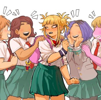  5girls all_might backpack bag blonde_hair blush boku_no_hero_academia character_doll commentary doll double_bun faceless faceless_female green_skirt hair_bun hands_on_another's_shoulders happy happy_aura highres lia_(miauiz) miniskirt multiple_girls notice_lines open_mouth school_uniform skirt smile toga_himiko u.a._school_uniform untranslatable_commentary yuri 