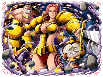 1girl 2boys armor armored_boots baccarat_(one_piece) beard bikini_armor blonde_hair bodskih boots breastplate breasts curvy dark-skinned_female dark_skin facial_hair green_eyes grin hand_on_own_hip hip_focus holding holding_sword holding_weapon large_breasts long_hair multiple_boys official_art one_piece one_piece_film:_gold one_piece_treasure_cruise open_mouth outdoors parted_lips red_hair revealing_clothes short_hair smile sword tattoo teeth thick_thighs thighs transparent_background weapon wide_hips