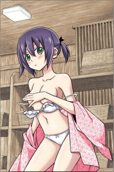  1girl bra bra_pull breasts changing_room cleavage clothes_pull collarbone colorized covering_nipples covering_privates green_eyes hata_kenjirou hayate_no_gotoku! highres indoors japanese_clothes kimono medium_breasts nishizawa_ayumu panties purple_hair solo thighs underwear undressing unworn_bra unworn_kimono 