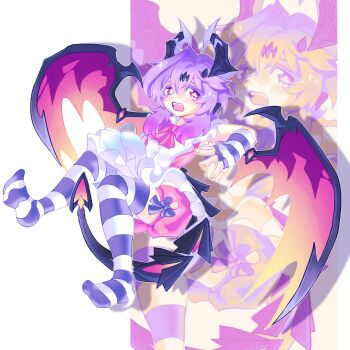  1boy alternate_costume artist_name blush bright_pupils dragon_horns dragon_tail durin_(genshin_impact) genshin_impact highres horns maid pink_eyes purple_hair self-upload socks striped_clothes striped_socks tail trap wings 
