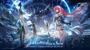  2boys 2girls absurdres aemeath_(wuthering_waves) bare_shoulders black_hair black_jacket black_pants blonde_hair breasts coat commentary dress dual_persona elbow_gloves english_commentary exostrider_(wuthering_waves) female_rover_(wuthering_waves) gloves hair_ornament hand_in_pocket highres jacket leotard logo long_hair looking_at_viewer luuk_herssen_(wuthering_waves) male_rover_(wuthering_waves) medium_breasts multiple_boys multiple_girls official_alternate_costume official_art pants pink_hair ponytail rover_(wuthering_waves) showgirl_skirt skirt white_coat white_dress white_gloves white_leotard white_skirt wuthering_waves yellow_eyes 