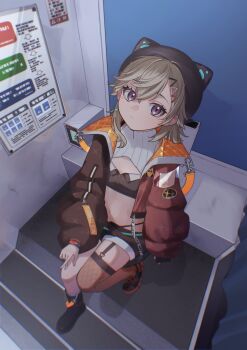  1girl animal_hat asymmetrical_footwear black_boots black_hat black_shorts blonde_hair boots cat_hat closed_mouth commentary_request crop_top facial_mark fishnet_thighhighs fishnets from_above hair_ornament hairclip hat highres indoors jacket komori_met komori_met_(5th_costume) looking_at_viewer mismatched_footwear navel open_clothes open_jacket purple_eyes sake-sakanaya shorts single_thighhigh solo thighhighs uneven_footwear virtual_youtuber vspo! 