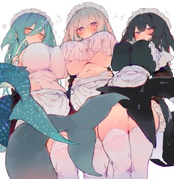  3girls apron aqua_hair asymmetrical_docking black_hair blush breast_press breasts bunchi cetacean_tail closed_mouth colored_inner_hair commentary_request covered_navel feet_out_of_frame fins fish_tail grey_hair hair_between_eyes half-closed_eyes heart highres huge_breasts long_hair_between_eyes looking_at_viewer loosely_tucked_bangs maid multicolored_hair multiple_girls navel no_bra open_mouth original purple_eyes shout_lines sideboob smirk squeans stomach tail thighhighs underboob waist_apron white_apron white_thighhighs 