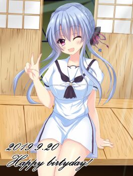  1girl ;d about_jako architecture arm_behind_back ascot black_ascot black_bow blue_hair blush bow braid breasts commentary cowboy_shot crown_braid dated day east_asian_architecture eyes_visible_through_hair floating_hair hair_between_eyes hair_bow hand_up happy happy_birthday highres large_breasts long_hair looking_at_viewer miniskirt one_eye_closed open_mouth outdoors puffy_short_sleeves puffy_sleeves red_eyes sailor_collar school_uniform serafuku shiny_skin shirt short_sleeves shouji sidelocks sitting skirt sliding_doors smile solo sorakado_ao summer_pockets summer_pockets_school_uniform sunlight thighs v white_sailor_collar white_serafuku white_shirt white_skirt 