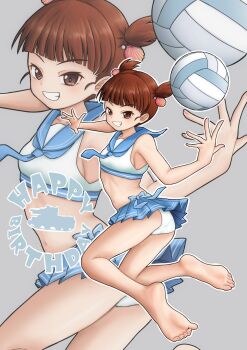  1girl absurdres amanone_yun ass ball bikini bikini_skirt blush brown_eyes brown_hair dress girls_und_panzer grey_background grin hair_ornament highres looking_at_viewer mikko_(girls_und_panzer) multiple_views sailor_dress shell shell_hair_ornament short_hair simple_background smile swimsuit twintails volleyball volleyball_(object) 