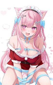  1girl 7nopi :d absurdres ahoge animal_ear_fluff animal_ears bare_shoulders barefoot bell belt black_belt blue_bow bound bound_arms bow braid breasts cat_ears cat_girl cleavage commentary_request dress fur-trimmed_dress fur_trim hair_bow hair_ornament highres indie_virtual_youtuber jingle_bell large_breasts long_hair looking_at_viewer maid_headdress neck_bell neck_ribbon off-shoulder_dress off_shoulder open_mouth pink_hair pom_pom_(clothes) red_dress ribbon santa_costume santa_dress short_dress short_sleeves side_braids smile solo squatting star_(symbol) star_hair_ornament toes very_long_hair virtual_youtuber yuuki_sakuna 