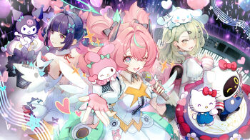  +_+ 3girls ;d ^_^ absurdres ahoge angels_of_delusion aqua_bow aqua_eyes aqua_nails aqua_streaks aria_(zenless_zone_zero) arm_up arm_warmers asymmetrical_bangs audience backless_outfit backpack bag balloon bandaid bandaid_hair_ornament bangboo_(zenless_zone_zero) beamed_eighth_notes black_bow black_sleeves blonde_hair blunt_bangs blush bow breasts cat_hair_ornament center_frills cinnamoroll closed_eyes collarbone commentary_request crossed_bangs detached_collar detached_sleeves dress earrings eighth_note eyelashes fang fingerless_gloves fingernails frilled_sleeves frills fur-trimmed_sleeves fur_trim fuwa_fuwa_cinnamoroll gloves glowstick grin hair_between_eyes hair_bow hair_intakes hair_ornament hairclip half_note halo hand_up headgear heart heart_balloon heart_hair_ornament hello_kitty hello_kitty_(character) highres holding holding_microphone instrument jewelry keyboard_(instrument) kuromi light_particles long_hair long_sleeves looking_at_viewer looking_back medium_breasts microphone multicolored_hair multiple_girls musical_note musical_note_earrings musical_staff my_melody my_melody_(series) nail_polish nangong_yu on_head one_eye_closed one_side_up open_mouth outstretched_arm outstretched_hand parted_bangs pink_arm_warmers pink_bag pink_bow pink_eyes pink_gloves pink_hair puffy_short_sleeves puffy_sleeves quad_tails raised_eyebrows randoseru sanrio scar scar_on_back short_sleeves sidelocks smile sparkle stage star_(symbol) strapless strapless_dress streaked_hair striped_arm_warmers sunna_(zenless_zone_zero) teeth tgf_pic twintails upper_teeth_only white_dress white_wings wing_collar wings yellow_eyes zenless_zone_zero 