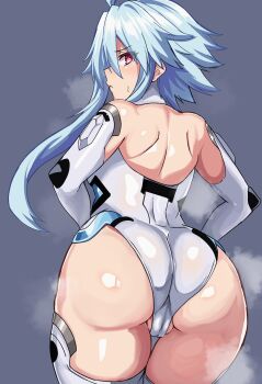  1girl ass back bare_shoulders blue_hair blush breasts cameltoe elbow_gloves from_behind frown gloves highres huge_ass leotard looking_at_viewer looking_back neptune_(series) open_mouth power_symbol power_symbol-shaped_pupils red_eyes shiny_skin short_hair_with_long_locks small_breasts solo stiris_rangetsu sweatdrop symbol-shaped_pupils thighhighs white_gloves white_heart_(neptunia) white_leotard white_thighhighs 