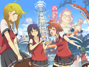  4girls :d ^_^ bag billiken black_hair blonde_hair blush_stickers brown_eyes buddha crab dango closed_eyes food glasses green_hair hair_ornament hairclip long_hair multiple_girls octopus open_mouth original osaka_(city) school_bag school_uniform seiji1209 skirt smile sweatdrop v_arms wagashi yellow_eyes 