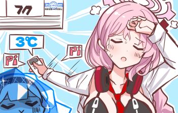  2girls :> :o air_conditioner between_breasts bikini black_bikini blue_archive blush braid braided_ponytail breasts cleavage closed_eyes cold commentary_request controller eimi_(blue_archive) frozen halo headphones headphones_around_neck highres himari_(blue_archive) holding holding_controller hot ice jellyman jujutsu_kaisen large_breasts long_hair meme multiple_girls naoya_hitting_choso_without_looking_(meme) necktie necktie_between_breasts pink_hair pink_halo single_braid sweat swimsuit very_long_hair wiping_sweat zipper_bikini 