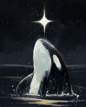  absurdres animal animal_focus black_sky black_theme commentary_request dark highres kazunoko_(kazunoko_zunoco) no_humans orca original signature sky solo sparkle star_(sky) water 