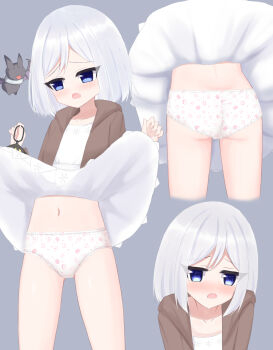  1girl @_@ absurdres animal ass bat_(animal) blue_eyes blush brown_hoodie clover_print collarbone crotch_seam diamond_print dress embarrassed flat_chest floral_print from_behind grey_background heart heart_print highres holding holding_lantern hood hoodie lantern loli long_sleeves looking_at_viewer looking_down lower_body multiple_views navel open_clothes open_hoodie open_mouth original panties playing_card_print print_dress print_panties shooko short_hair spade_print standing underwear upper_body white_dress white_hair white_panties wind wind_lift  rating:Sensitive score:24 user:cpee