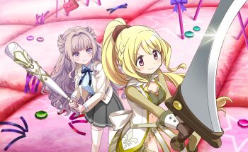  2girls artist_request back_bow baseball_bat black_gloves black_scrunchie blazer blonde_hair blue_bow blue_bowtie blue_shirt bow bowtie buttons chest_jewel closed_mouth clothing_cutout collar collared_jacket collared_shirt cowboy_shot crop_top detached_collar detached_sleeves determined dot_nose dress feather_trim feet_out_of_frame fleur-de-lis frilled_dress frills game_cg gem gloves green_collar green_shirt green_sleeves green_theme grey_hair grey_skirt hair_between_eyes hair_intakes hair_ornament hair_scrunchie happy high_collar high_ponytail highres holding holding_baseball_bat holding_sword holding_weapon huge_weapon jacket lapels light_blush long_hair long_sleeves looking_ahead magia_record:_mahou_shoujo_madoka_magica_gaiden magical_girl mahou_shoujo_madoka_magica mahou_shoujo_madoka_magica_magia_exedra miniskirt multiple_girls nape_braid navel notched_lapels official_art open_clothes open_dress open_jacket pink_eyes pleated_skirt pocket ponytail print_dress purple_eyes red_gemstone scrunchie shirt sidelocks skirt sleeveless sleeveless_dress smile star_(symbol) stomach_cutout sword tareme thighhighs togame_momoko v-shaped_eyebrows very_long_hair wavy_hair weapon white_bow white_dress white_jacket white_thighhighs white_wrist_cuffs witch's_labyrinth wrist_cuffs yoake_sumire zettai_ryouiki 