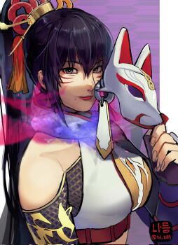  1girl bare_shoulders black_hair border breasts cyskof facial_mark fox_mask grey_eyes hashtag-only_commentary high_ponytail highres holding holding_mask kunimitsu_ii mask medium_breasts namco ponytail purple_background solo tekken tekken_8 upper_body white_border  rating:Sensitive score:1 user:danbooru
