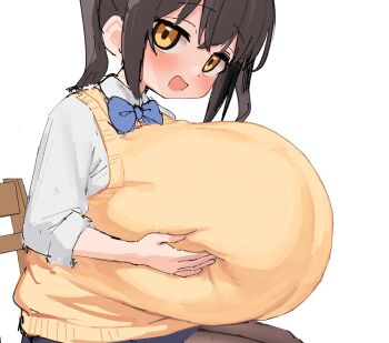  1girl :d blue_bow blue_bowtie blue_skirt blush bow bowtie breast_lift breasts brown_hair cardigan cardigan_vest chair collared_shirt deep_skin eyebrows female_focus gigantic_breasts grabbing_own_breast highres leaning_forward long_hair long_sleeves looking_at_viewer miniskirt oggu-chan_(oggu) oggu_(neoguloliko) open_mouth oppai_loli original pantyhose pleated_skirt school_uniform shirt sidelocks simple_background sitting skirt smile solo twintails upper_body white_background white_shirt yellow_cardigan yellow_eyes  rating:Sensitive score:130 user:Parcheliam