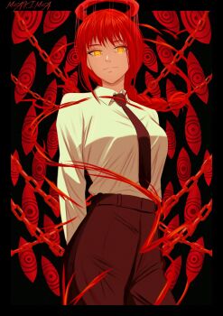  1girl chain chainsaw_man dress_shirt formal_clothes halo highres looking_at_viewer makima_(chainsaw_man) mccheese necktie red_hair red_halo ringed_eyes shirt solo suit upper_body yellow_eyes  rating:General score:3 user:danbooru