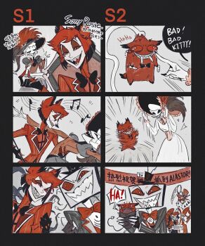  2girls 3boys alastor_(hazbin_hotel) antlers deer_antlers deer_boy demon_boy dress evil_grin evil_smile formal_clothes grin hazbin_hotel hellaverse highres horns juanmao looking_at_viewer male_focus monocle multiple_boys multiple_girls ponytail red_hair red_suit rosie_(hazbin_hotel) sharp_teeth smile suit tall_male teeth valentino_(hazbin_hotel) velvette_(hazbin_hotel) vox_(hazbin_hotel) white_dress 