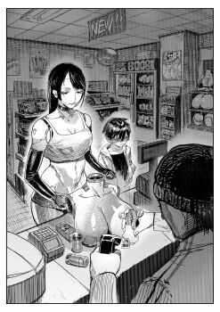  1girl 2boys age_difference android artificial_breasts artificial_vagina blush breasts cash_register commentary crop_top elbow_gloves gloves greyscale hat highres holding_hands hood long_hair mechanical_arms medium_breasts monochrome multiple_boys navel onee-shota original robot_girl seams sex_toy shop short_shorts shorts shota sitakiding 