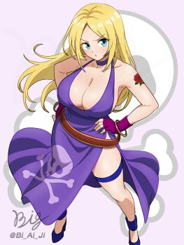  1girl artist_name b._jenet blonde_hair blue_eyes breasts cleavage feet fingerless_gloves from_above gloves hands_on_own_hips high_heels highres large_breasts legs long_hair looking_at_viewer open_mouth serious sideboob snk solo the_king_of_fighters thighs tongue 