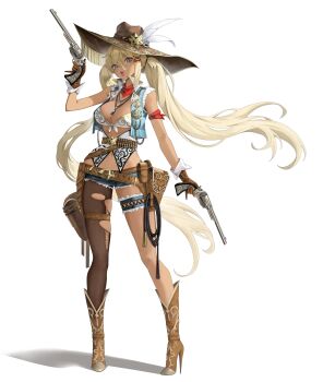  1girl absurdres ammunition armband bag belt blonde_hair blue_eyes blue_jacket boots breasts brown_boots commentary cowboy_hat cowgirl_(western) dark-skinned_female dark_skin denim denim_shorts full_body gun hair_between_eyes hair_ornament hair_tie handgun hat high_heel_boots high_heels highres holding holding_gun holding_weapon horseshoe_hat_ornament horseshoe_ornament jacket jewelry lasso long_hair medium_breasts myobee navel necklace original pinky_out puckered_lips revolver shadow sheriff_badge shirt short_shorts shorts sidelocks simple_background single_thighhigh six_pointed_star solo standing thigh_strap thighhighs torn_clothes torn_thighhighs twintails very_long_hair weapon white_background white_shirt x_hair_ornament 