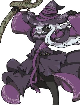 1girl black_eyes black_skin breasts colored_eyelashes colored_skin cowboy_shot cropped_legs dress elden_ring elden_ring_nightreign hair_over_one_eye hat highres holding holding_staff jumping kekeken looking_down medium_breasts off-shoulder_dress off_shoulder purple_dress purple_hat recluse_(elden_ring) simple_background solid_circle_eyes solo staff white_background white_eyelashes wide_sleeves witch witch_hat 