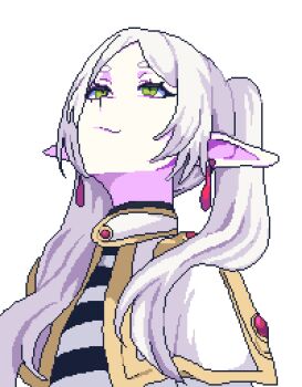  1girl capelet closed_mouth commentary earrings elf english_commentary frieren green_eyes highres jewelry long_hair looking_up meme parted_bangs pixel_art pixelcadete pointy_ears simple_background smile solo sousou_no_frieren teardrop_earrings twintails upper_body upward_angle_frieren_drawing_(meme) white_background white_capelet white_hair 