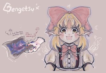  :3 blonde_hair bow bowtie brown_background buttons center_frills character_name collared_shirt disembodied_hand drawing_(object) fangs frills gengetsu_(touhou) hair_bow heart_button highres long_sleeves lotus_land_story mugetsu_(touhou) niko_rausu open_mouth pointy_ears puffy_long_sleeves puffy_sleeves red_bow red_bowtie shirt sparkle star_(symbol) suspenders touhou touhou_(pc-98) white_shirt wings yellow_eyes 