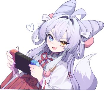  1girl ahoge blue_eyes blush commentary_request cone_hair_bun fang hair_bun heart heterochromia highres japanese_clothes kimono korean_commentary long_hair looking_at_viewer nadam_(yny_00100) nintendo_switch open_mouth purple_hair purple_tail solo stellive tail tenko_shibuki white_background wolf_girl wolf_tail yellow_eyes 