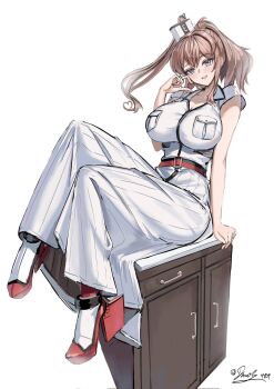  1girl battle_effectiveness_award belt blue_eyes blush breast_pocket breasts brown_hair chocolate dimos_(dawn_1945) dress food hair_between_eyes high_side_ponytail highres holding holding_chocolate holding_food jewelry kantai_collection large_breasts long_hair looking_at_viewer open_mouth pocket ponytail red_belt ring saratoga_(kancolle) side_ponytail simple_background sitting smile smokestack_hair_ornament solo wedding_ring white_background white_dress 