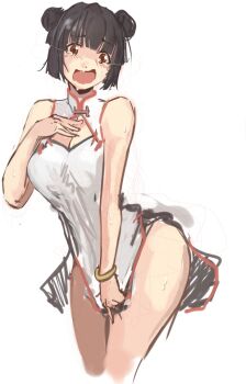  1girl alternate_costume alternate_hairstyle between_legs black_hair blush breasts brown_eyes china_dress chinese_clothes covering_crotch covering_privates double_bun dress elfen_lied embarrassed hair_bun hand_between_legs hand_on_own_chest highres no_panties nozomi_(elfen_lied) open_mouth pppanties short_hair solo tagme tears white_dress 