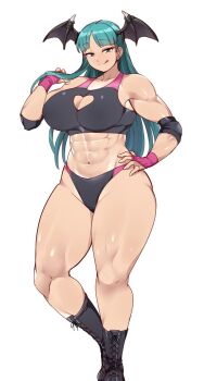  1girl :q abs alternate_breast_size_(larger) alternate_muscle_size bat_wings black_boots black_sports_bra boots breasts cleavage cleavage_cutout clenched_teeth closed_mouth clothing_cutout commentary_request darkstalkers demon_girl eyebrows_hidden_by_hair feet_out_of_frame fingerless_gloves gloves green_eyes green_hair hand_on_own_hip hanzo_(2929) head_wings highres huge_breasts looking_at_viewer midriff morrigan_aensland muscular muscular_female navel revision smile solo split_mouth sports_bra teeth thick_thighs thighs tongue tongue_out wings wrestling_outfit  rating:Sensitive score:2 user:danbooru