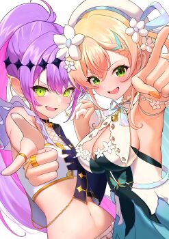  2girls absurdres anniversary armpits backless_dress backless_outfit bell beret black_jacket blonde_hair blush braid breasts butterfly_ornament chain chain_earrings cleavage cleavage_cutout clothing_cutout commentary_request cropped_shirt dress ear_piercing fang flower flower_wristband gradient_hair green_eyes hair_between_eyes hair_flower hair_ornament hair_rings half-jacket hat high_ponytail highres holding_hands hololive jacket jewelry large_breasts long_hair looking_at_viewer marishia_holo medium_hair midriff momosuzu_nene momosuzu_nene_(nene_rhythm) multicolored_hair multiple_girls nail_polish navel neck_bell official_alternate_costume official_alternate_hairstyle open_mouth orange_nails piercing pink_hair pointing pointing_at_viewer pointy_ears ponytail purple_hair ring shirt sideboob smile stomach streaked_hair tokoyami_towa tokoyami_towa_(break_your_xxx) virtual_youtuber white_dress white_flower white_hat white_shirt 