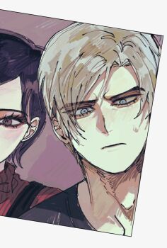  1boy 1girl ada_wong black_hair black_shirt blonde_hair blue_eyes border brown_background brown_eyes chest_harness commentary_request frown furrowed_brow harness highres korean_commentary leon_s._kennedy light_blush nul parted_bangs red_sweater resident_evil resident_evil_4 resident_evil_4_(remake) shirt short_hair sweatdrop sweater turtleneck turtleneck_sweater upper_body white_border 