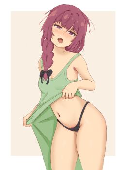  1girl absurdres armpit_hair black_bow black_panties blush bocchi_the_rock! bow braid braided_ponytail breasts brown_background clothes_lift dress dress_lift fang female_pubic_hair green_dress hair_bow hair_over_shoulder head_tilt highres hiroi_kikuri long_hair looking_at_viewer navel no_bra no_pants open_mouth panties pubic_hair purple_eyes purple_hair sleeveless sleeveless_dress small_breasts smile solo standing stomach thick_thighs thighs tongue tongue_out treepxiv two-tone_background underwear white_background 