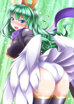 black_shirt black_thighhighs blue_eyes blush commentary_request fang feathered_wings from_behind from_below gold_trim green_hair headdress kittan_(cve27426) long_hair looking_back low_wings open_mouth panties pantyshot percival_dindrane purple_scarf scarf shinrabanshou shirt skirt thighhighs underwear white_panties white_skirt white_wings wings 