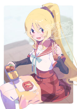  1girl :d apple_rabbit bento blonde_hair blush border bow bowtie chopsticks commentary_request feet_out_of_frame food food_art green_bow green_bowtie hair_between_eyes highres holding holding_chopsticks layered_sleeves long_hair long_sleeves looking_at_viewer magia_record:_mahou_shoujo_madoka_magica_gaiden mahou_shoujo_madoka_magica open_mouth outside_border plaid_clothes plaid_skirt ponytail red_eyes red_sailor_collar red_skirt sailor_collar school_uniform serafuku serizawa_serizane shirt short_over_long_sleeves short_sleeves sitting skirt smile solo thighhighs togame_momoko watermark white_border white_shirt white_thighhighs 