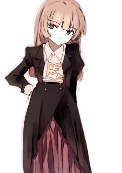  1girl ascot black_coat blunt_bangs blunt_ends brown_eyes brown_hair buttons coat collared_shirt commentary dot_nose dress hand_on_own_hip highres hime_cut lapels light_smile long_hair long_sleeves looking_at_viewer mature_female natsume_suzuri notched_lapels red_dress shirt simple_background solo split_mouth standing umineko_no_naku_koro_ni ushiromiya_rosa white_ascot white_background white_shirt 