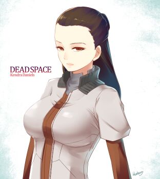 1girl animification black_hair blueberry_(5959) breasts brown_eyes character_name closed_mouth copyright_name dead_space_(series) dead_space_1 dead_space_remake highres kendra_daniels lips looking_at_viewer signature solo