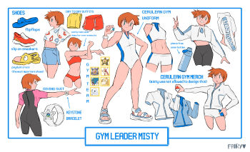 1girl adapted_costume alternate_costume arm_up ass asymmetrical_hair ball bike_shorts bikini black_bodysuit blue_eyes blue_jacket blue_shorts blue_skirt bodysuit bottle bra breasts closed_mouth competition_swimsuit crop_top cropped_hoodie cropped_jacket cropped_shirt diving_suit drawstring english_text fairybees feet flip-flops hand_on_own_hip hand_up highres holding holding_ball holding_poke_ball hood hoodie jacket jewelry knees landscape leggings legs long_sleeves looking_at_viewer midriff misty_(pokemon) multicolored_jacket navel nintendo one-piece_swimsuit orange_hair outstretched_arm pants pink_shirt poke_ball poke_ball_(basic) pokemon pokemon_(anime) pokemon_(classic_anime) pokemon_rgby ponytail print_swimsuit raglan_sleeves rash_guard red_bikini red_shorts sandals shirt shoes short_hair short_shorts short_sleeves shorts side_ponytail skirt small_breasts smile sneakers sports_bikini sports_bra sportswear standing stopwatch stretching swimsuit swimsuit_under_clothes toes underwear v watch water_bottle wetsuit white_bikini white_bodysuit white_hoodie white_jacket white_one-piece_swimsuit white_shirt white_shorts wristband wristwatch zipper zipper_pull_tab