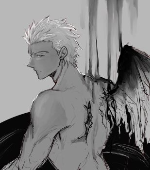  1boy archer_(fate) back commentary_request dark-skinned_male dark_skin fate/grand_order fate/stay_night fate_(series) grey_background greyscale highres injury looking_at_viewer male_focus monochrome muscular muscular_male profile renkon_eko short_hair single_wing solo topless_male upper_body wings 