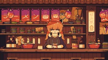  1girl :3 animal_ears another_pixel_artist bottle bowl bowl_stack cat_ears chopsticks closed_eyes commentary counter drawstring english_commentary food food_stand highres hood hoodie lantern noodles orange_hair original paper_lantern pixel_art print_hoodie ramen scanlines shelf solo stool twintails yatai 