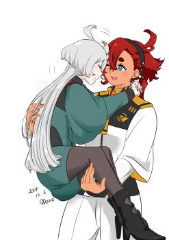  2girls 715piro_gon arms_around_neck black_boots black_hairband black_pantyhose blue_eyes boots carrying closed_eyes closed_mouth commentary dated green_jacket green_shorts grey_hair gundam gundam_suisei_no_majo hairband hand_on_another's_back hashtag-only_commentary high_heel_boots high_heels highres jacket long_hair miorine_rembran multiple_girls one_eye_closed open_mouth pantyhose ponytail princess_carry red_hair shorts simple_background smile suletta_mercury thick_eyebrows white_background white_jacket white_shorts yuri 